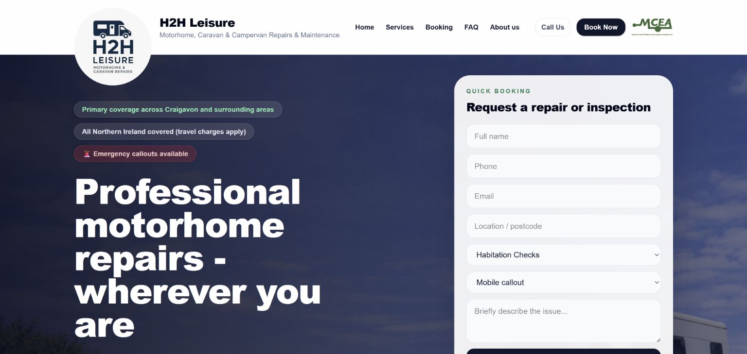 H2H Leisure website homepage showing its quick repair booking form